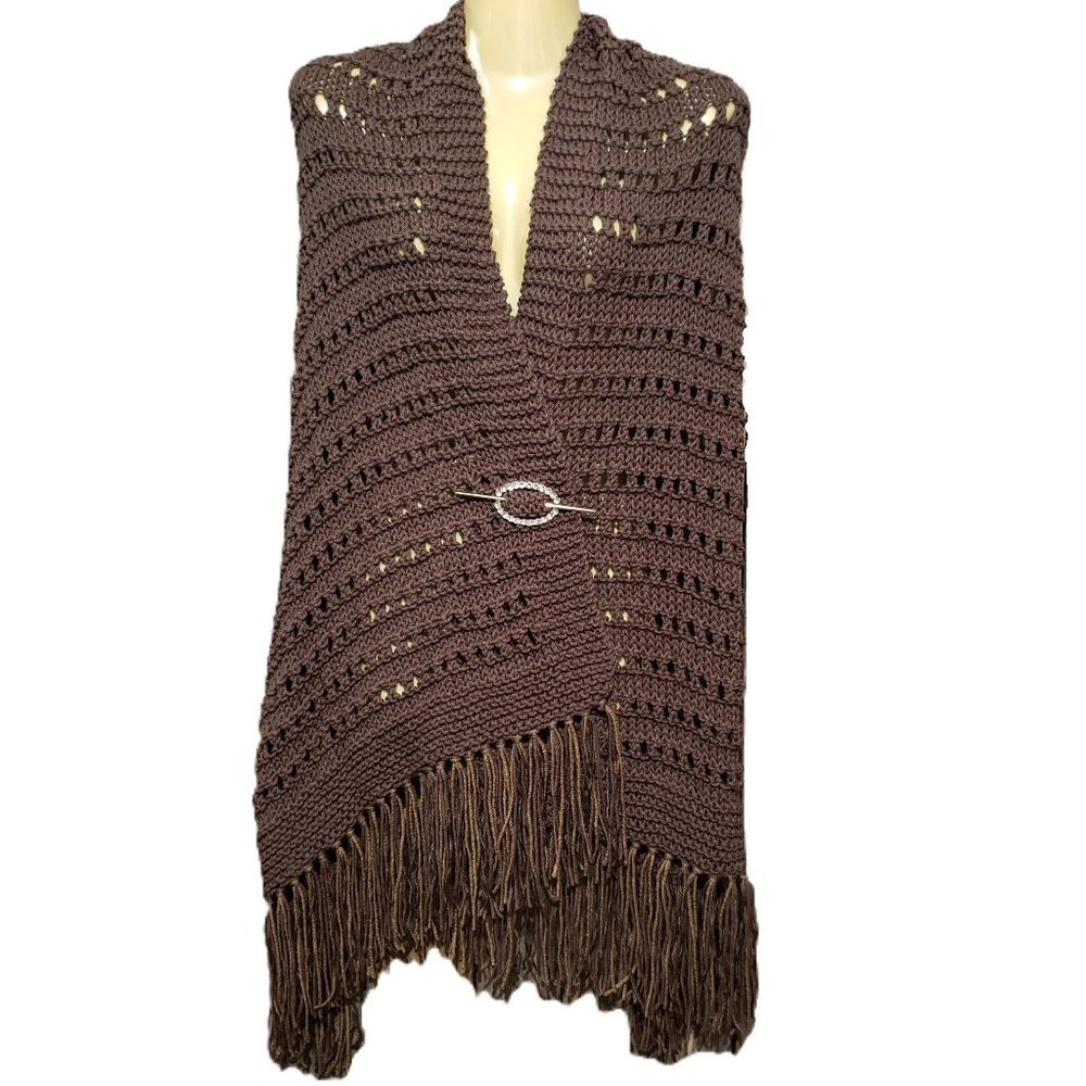 NEW Brown‎ Shawl Scarf Wrap Boho Fringed Handmade Hand Knit Knitted Eyelet